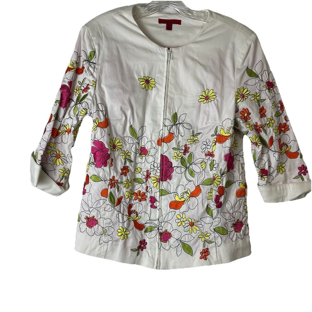 Joni B.  Women's‎ White Embroidered  Floral Jacket Sz M Zip Front Vibrant